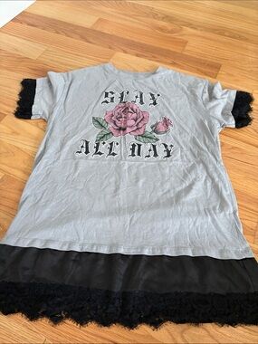 Cold Crush Gray Sleep Tee with Pink Rose and Black Lace
